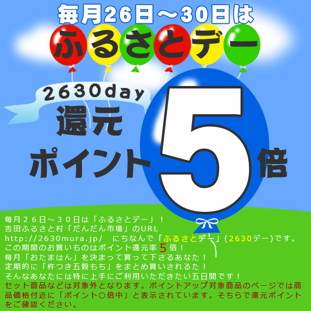 毎月26日～30日はふるさとデー！ポイント還元率5倍！セット商品などは対象外となります。ポイントアップ対象商品のページでは商品価格付近に「ポイント5倍中」と表示されています。そちらで還元ポイントをご確認ください。
